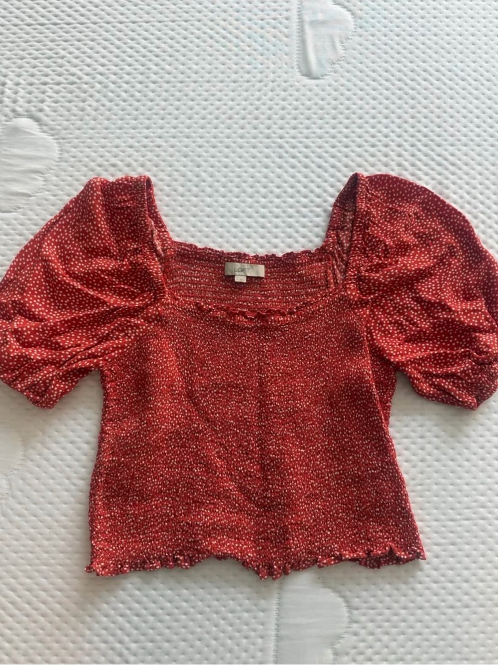 LOFT Red Smocked Puff Sleeve Crop Top with Square Neck, Size M